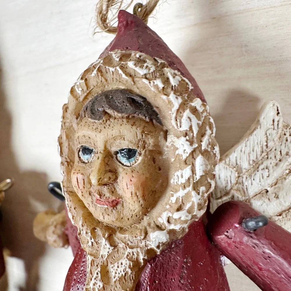Christmas Jointed Resin Folk‎ Art Ornaments X3 Set Angel Drummer Mrs Claus VTG